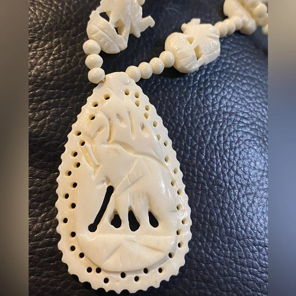 Vintage Carved Bone Pendant Off White Beaded Necklace Elephant Design Good Luck